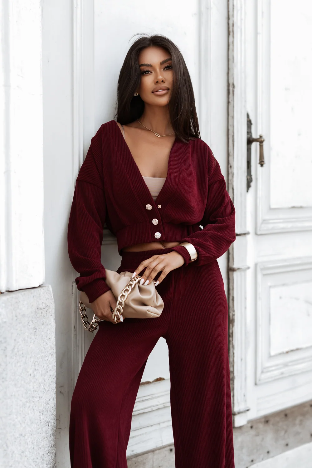 Sztruksowy komplet bluza ze spodniami LaBalancia Meggi bordo