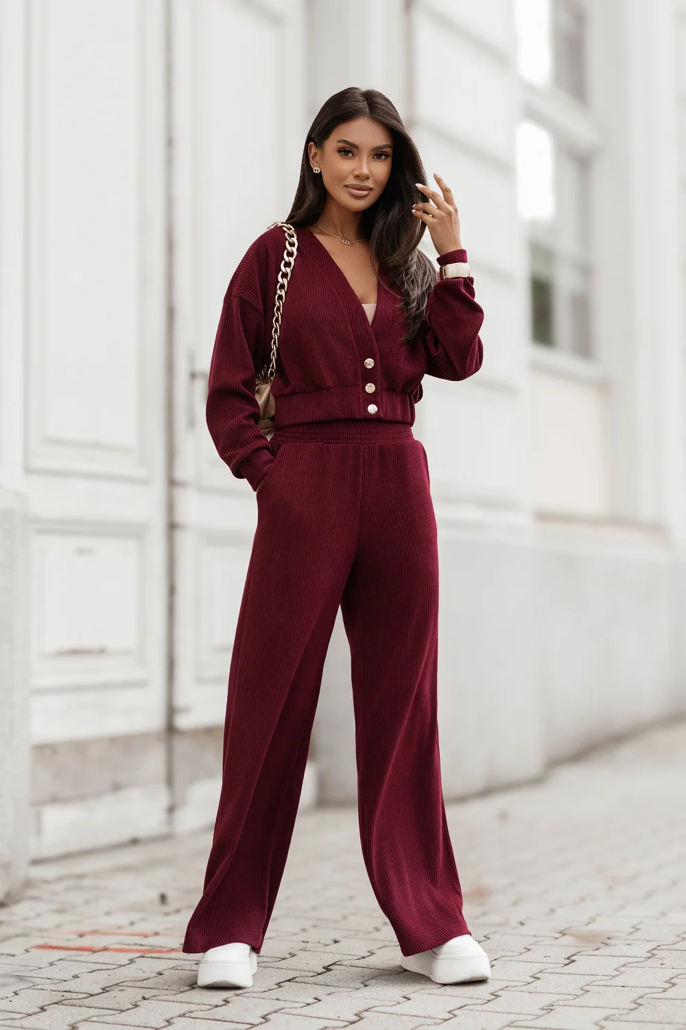 Sztruksowy komplet bluza ze spodniami LaBalancia Meggi bordo