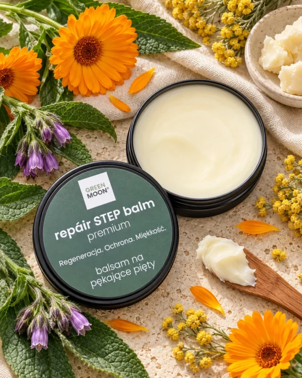 Balsam do suchej skóry stóp i pękających pięt repáir STEP balm premium Green Moon