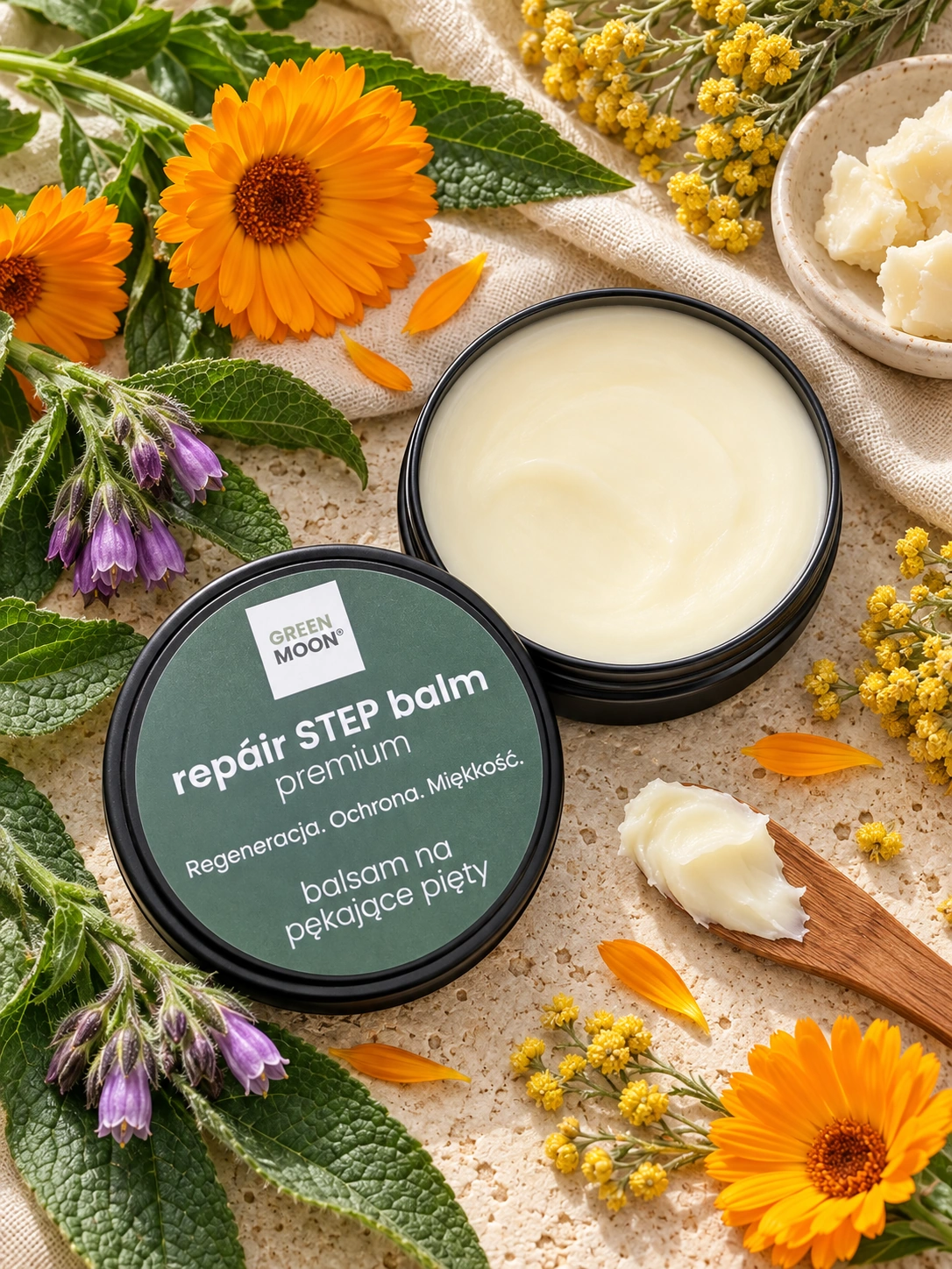 Balsam do suchej skóry stóp i pękających pięt repáir STEP balm premium Green Moon